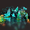 Decorative Water Scene With Blue Butterflies Green Leaves And Orange Flowers