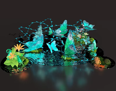 Decorative Water Scene With Blue Butterflies Green Leaves And Orange Flowers 3d model