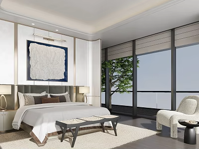 Modern Bedroom Interior With Large Bed Bedside Lamps Wall Art Floor to Ceiling Windows And Outdoor Greenery 3d model