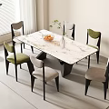 Modern Interior Dining Table Set With Marble Top Green Beige Chairs Fruit Bowl And Vase