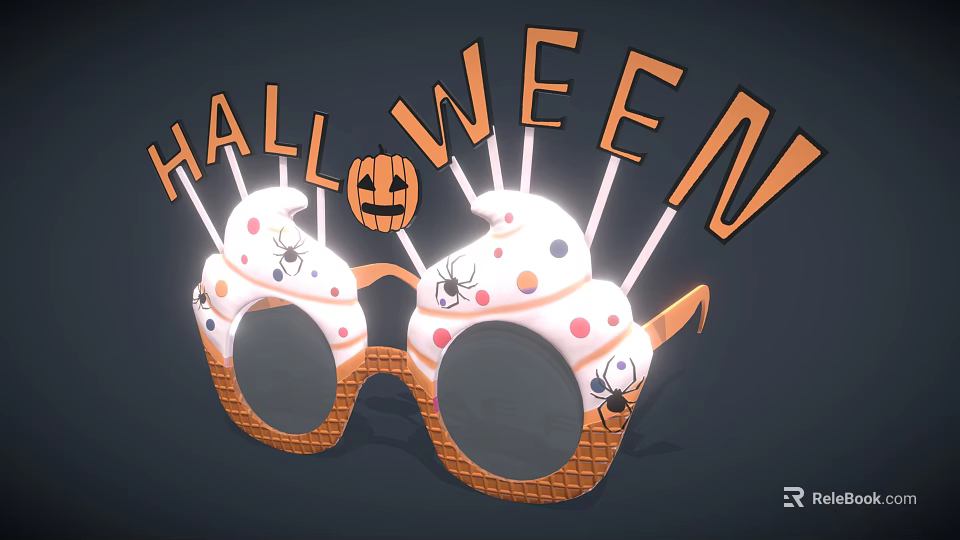 Halloween Themed Decorative Glasses With Pumpkin Design Spider Accents Waffle Frame And Creamy Colorful Dots 3d model 
