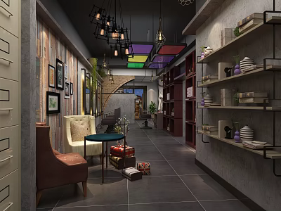 Beauty Hair Salon Interior With Stylish Decorative Frames Hanging Chandeliers Shelves Plants And Comfortable Sofa 3d model