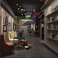 Beauty Hair Salon Interior With Stylish Decorative Frames Hanging Chandeliers Shelves Plants And Comfortable Sofa