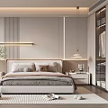 Modern Minimalist Bedroom Interior With Upholstered Bed Nightstands Decorative Lighting And Area Rug
