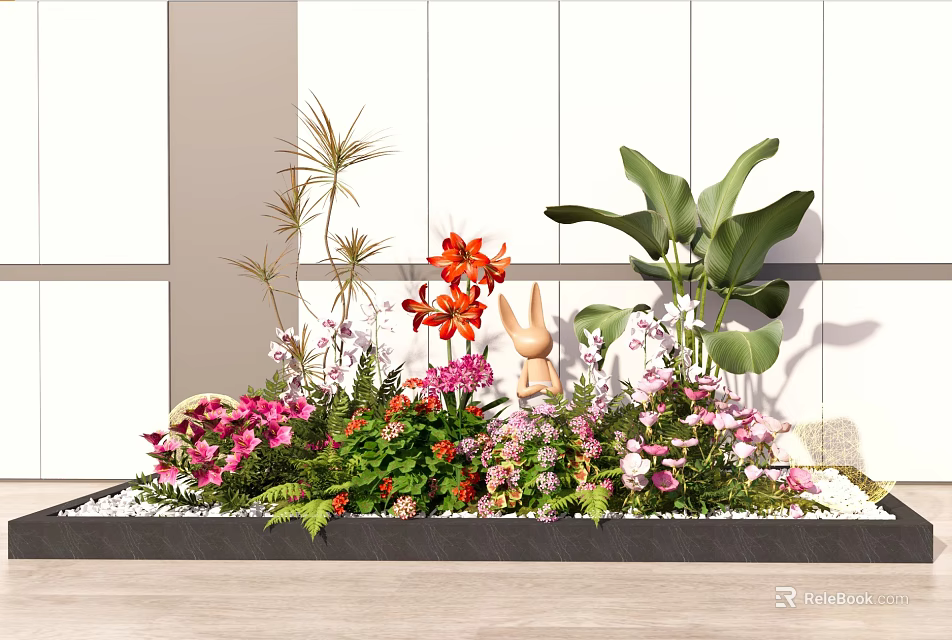 Colorful Garden Flower Arrangement With Red Lilies Pink Blooms And Green Leaves 3d model 