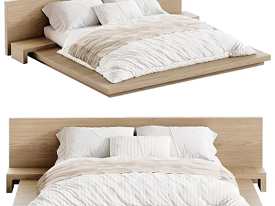 Modern Wooden Double Bed with White Pillows Soft Bedding and Platform Frame 3d model