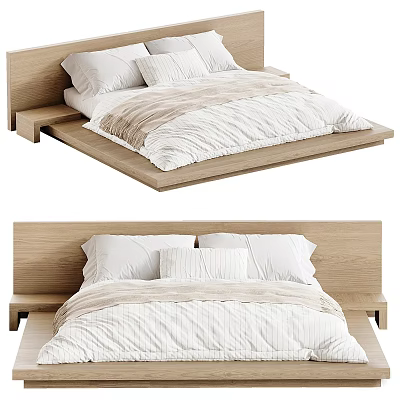 Modern Wooden Double Bed with White Pillows Soft Bedding and Platform Frame 3d model