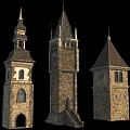 Historic Ancient Architecture Stone Towers With Pointed Spires And Clock Details