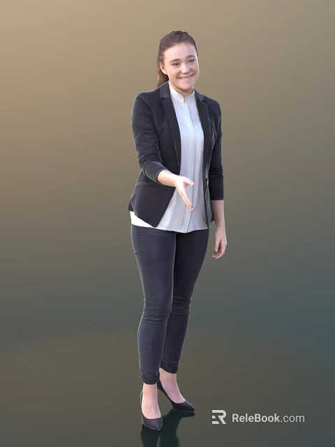 A Woman In Black Blazer White Shirt And Dark Skinny Pants Extending Hand 3d model 