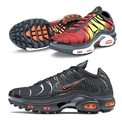 Running Shoes With Red Yellow Gradient Black Mesh Orange Accents Air Cushion Rubber Sole 3d model