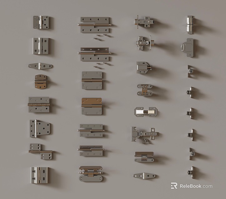 Various Metal Hinges And Furniture Hardware Components For Door And Cabinet Fittings 3d model 
