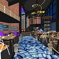 Hotel Public Lounge Area With Blue Sofas Red Armchairs Black Coffee Tables And TV Screens