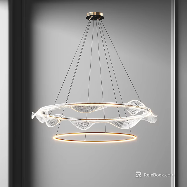 Stylish Modern Circular Chandelier With Transparent Elements And Illuminated Rings Design 3d model 