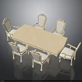 Classic Light Colored Dining Table Set Featuring Six Ornate Carved Chairs 3d model