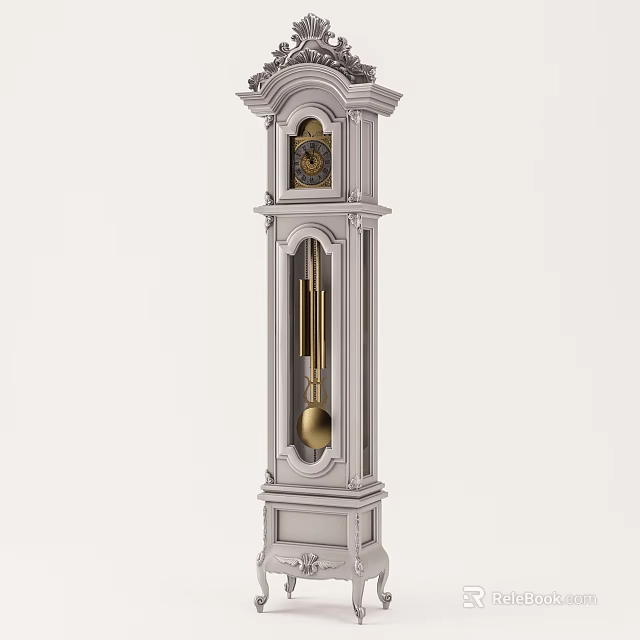Classic White Wooden Grandfather Clock With Decorative Top And Golden Pendulum 3d model 