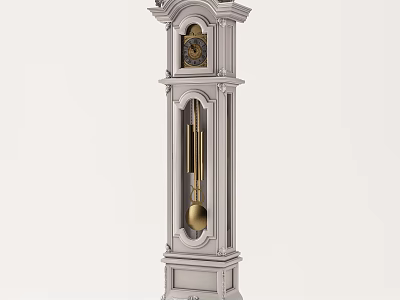 Classic White Wooden Grandfather Clock With Decorative Top And Golden Pendulum 3d model