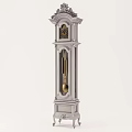 Classic White Wooden Grandfather Clock With Decorative Top And Golden Pendulum