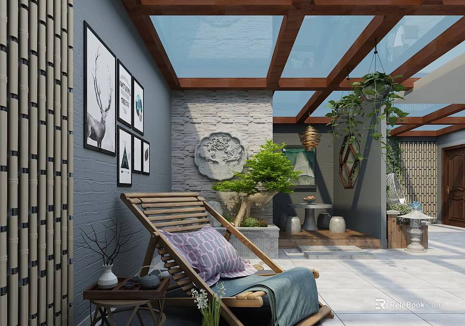 Villa Balcony Featuring Wooden Ceiling Glass Skylight Stone Wall Green Plants And Cozy Lounge Chair 3d model 