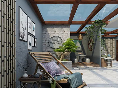 Villa Balcony Featuring Wooden Ceiling Glass Skylight Stone Wall Green Plants And Cozy Lounge Chair 3d model