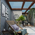 Villa Balcony Featuring Wooden Ceiling Glass Skylight Stone Wall Green Plants And Cozy Lounge Chair