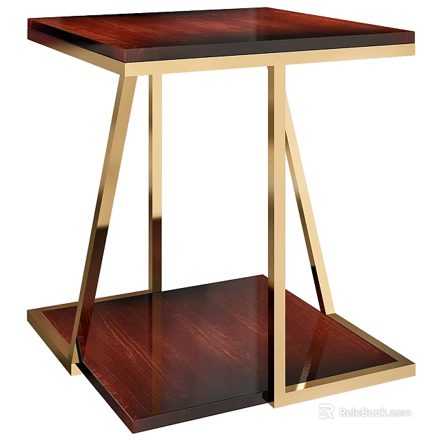 Modern Side Table With Wooden Top Lower Shelf And Gold Metal Frame 3d model 