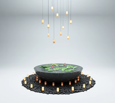 Circular Fish Tank Aquarium With Green Leaves Red Flowers Small Candles Around Base And Hanging Lights Above 3d model