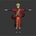 Anime Action Figure With Red Robe Yellow Hair And Red Scrolls In Open Arms Pose