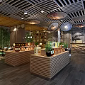 Chinese Specialty Store Interior Featuring Hanging Lanterns Wooden Shelves Green Plants And Round Counters