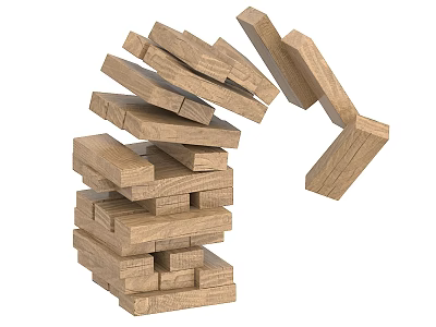Tall Stack of Wooden Blocks with Falling Pieces and Balanced Structure 3d model