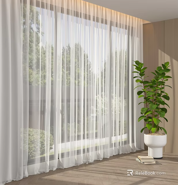 White Sheer Curtains for Window with Green Outdoor View and Indoor Potted Plant 3d model 