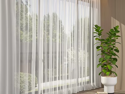 White Sheer Curtains for Window with Green Outdoor View and Indoor Potted Plant 3d model