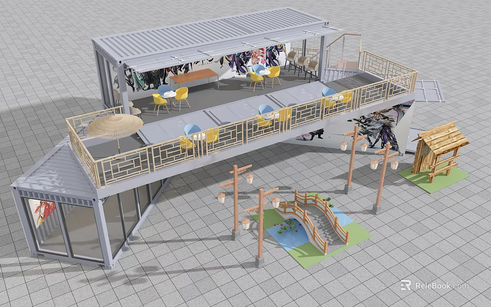 Modern Container Building With Open Terrace Tables Chairs And Outdoor Space 3d model 