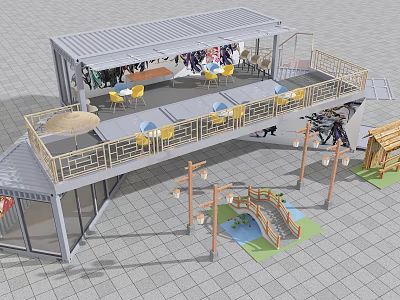 Modern Container Building With Open Terrace Tables Chairs And Outdoor Space 3d model
