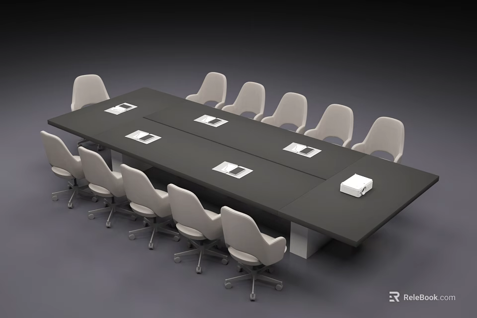 Meeting Room Conference Table With Black Tabletop White Chairs And Notepads 3d model 