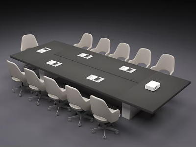 Meeting Room Conference Table With Black Tabletop White Chairs And Notepads 3d model