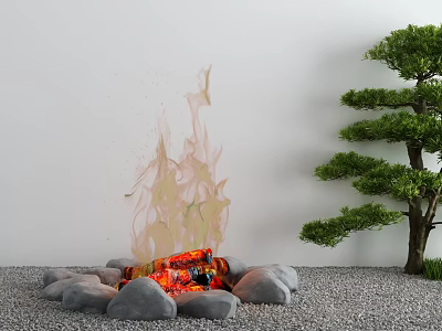 Cozy Garden Decor With Stone Fire Pit Flames And Green Pine Tree On Gravel Ground 3d model