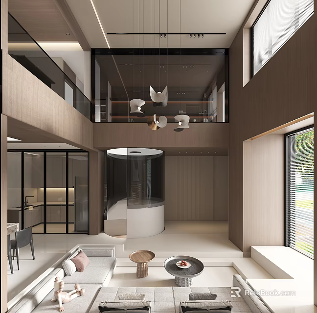 Modern Loft Living Room Interior With Sofas And Pendant Lights 3d model