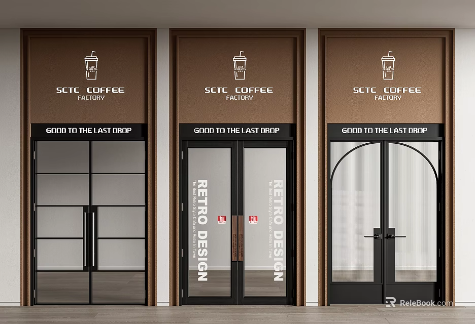 Modern Coffee Shop Facade With Glass Double Doors And Coffee Cup Icons 3d model 
