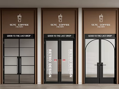 Modern Coffee Shop Facade With Glass Double Doors And Coffee Cup Icons 3d model
