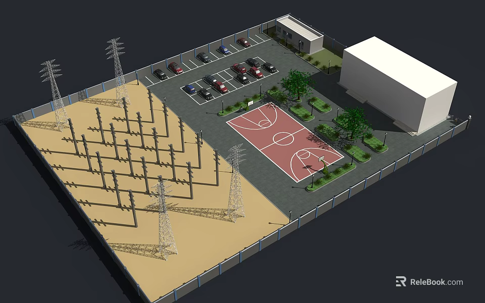 Industrial Area With Parking Lot Basketball Court Electric Poles And Buildings 3d model 