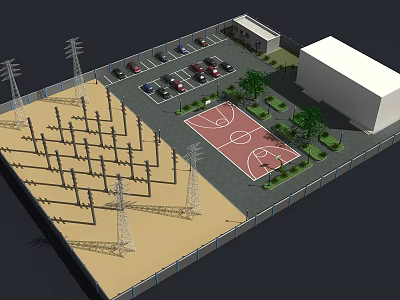 Industrial Area With Parking Lot Basketball Court Electric Poles And Buildings 3d model