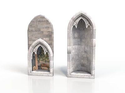 Gothic Stone Window Frames With Arched Design Brick Texture And Interior Elements 3d model