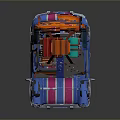 Cartoon Blue Car with Pink Purple Stripes Carrying Orange Red Green Suitcases on Roof
