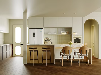 Restaurant Kitchen Area With White Cabinets Wooden Flooring And Dining Table 3d model