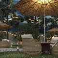 Restaurant Outdoor Dining Area With String Lights Trees And Umbrella Seating 3d model