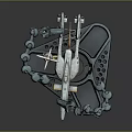 3D Robotic Creature Model With Mechanical Arm Chain Parts And Aircraft On Base