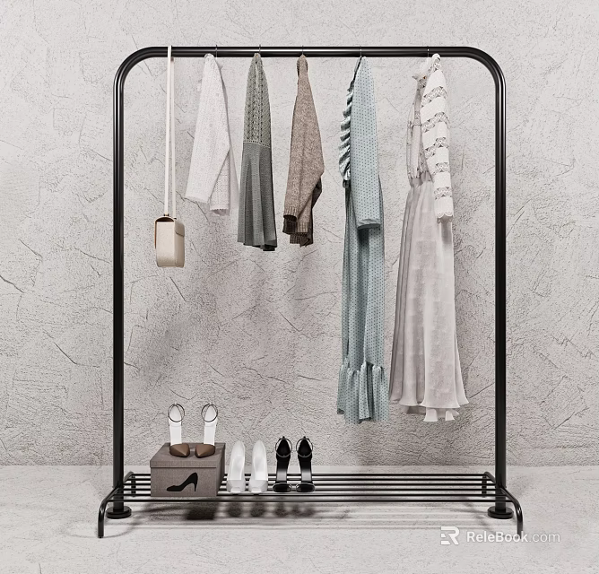 Stylish Black Metal Clothing Rack With Hanging Clothes Shoes And Handbag On Bottom Shelf 3d model 