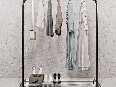 Stylish Black Metal Clothing Rack With Hanging Clothes Shoes And Handbag On Bottom Shelf 3d model