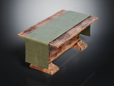 Rustic Wooden Table With Green Table Runner And Carved Legs For Home Decor 3d model