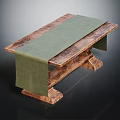 Rustic Wooden Table With Green Table Runner And Carved Legs For Home Decor 3d model